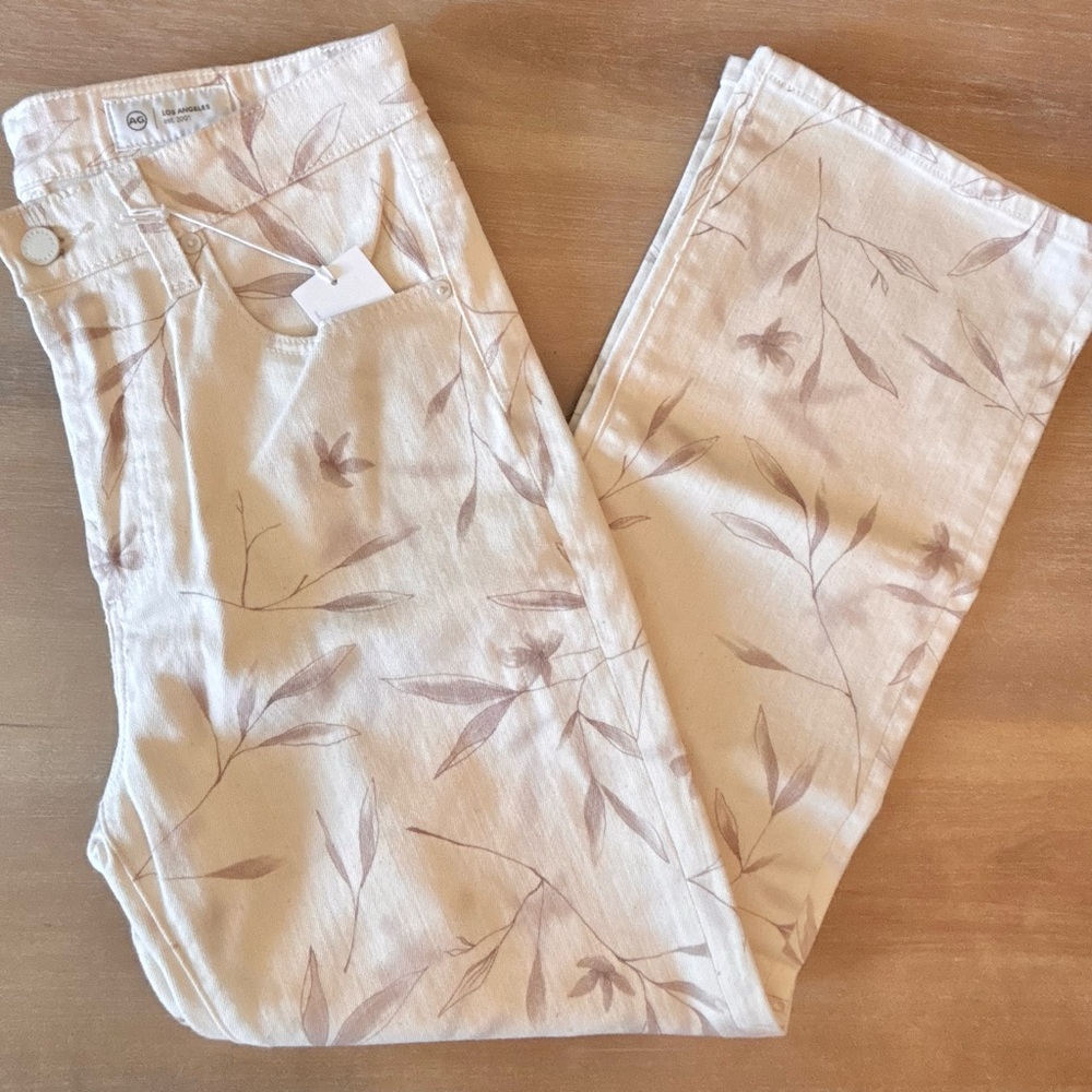 AG Kinsley High Rise Pop Crop Straight Jeans Winter Floral Cream, Sz 28 NWT